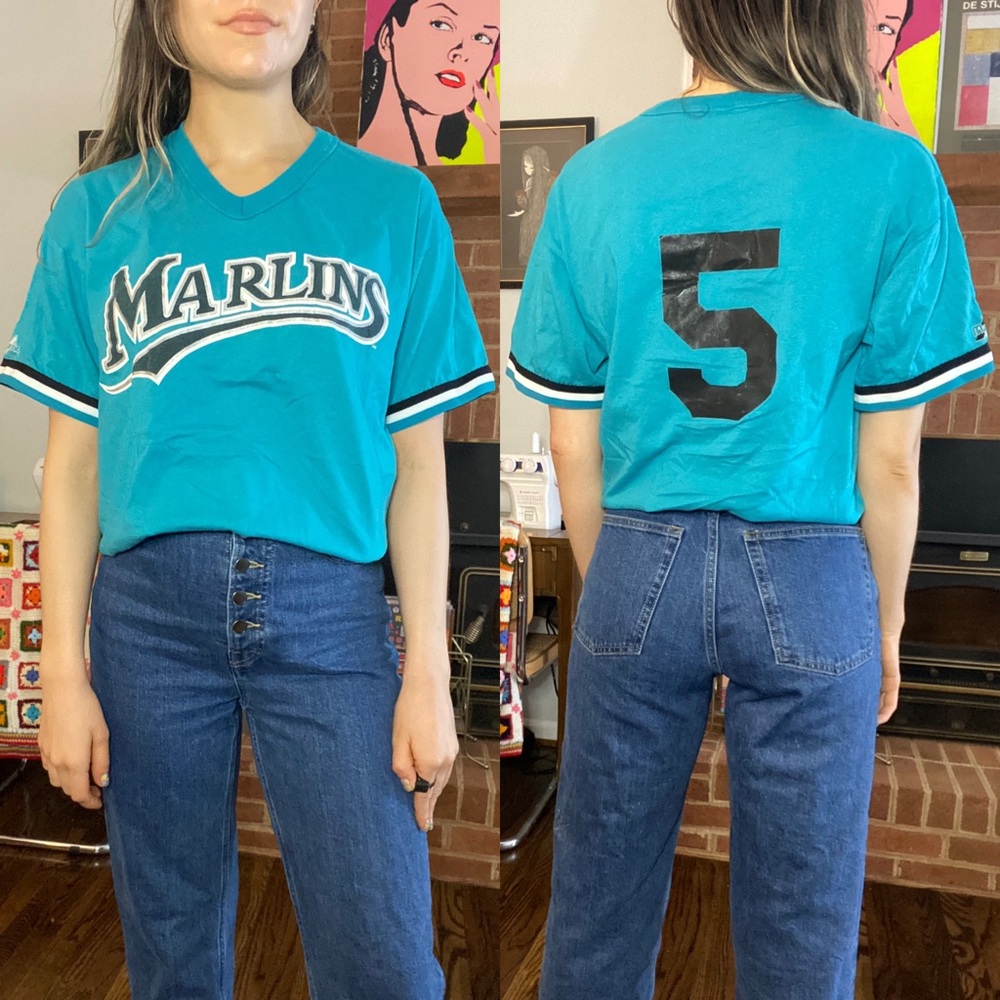 Vintage 90s Marlins Baseball V-Neck Jersey MLB Team Miami Florida Tee Ma…